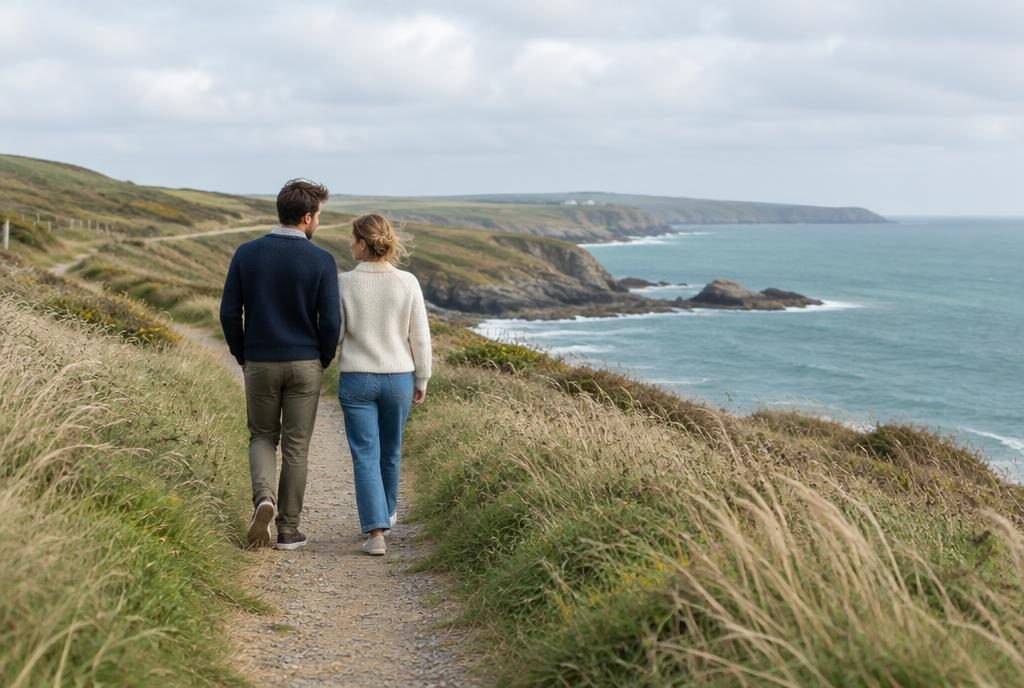 A couple walking together along a coastal path